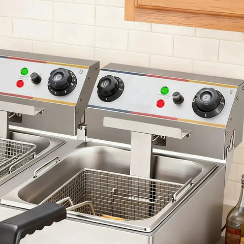 Two stainless steel deep fryers with temperature dials and indicator lights in a commercial kitchen setting.