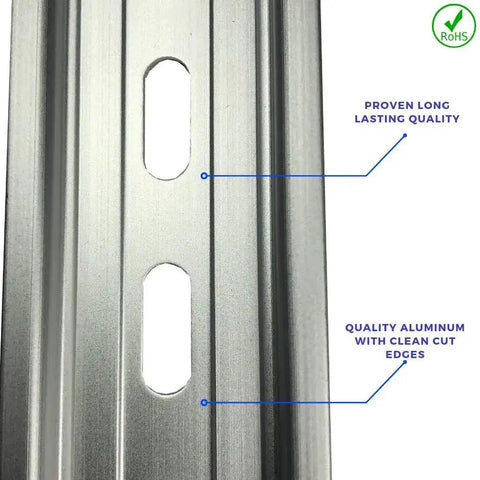 Close-up of Ten Piece DIN Rail Slotted Aluminum Channel Set RoHS Compliant For Industrial Electrical Panels 8 Inch Long 35mm Wide