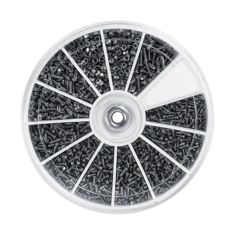 600 Piece Tiny Screw And Nut Assortment Kit With 12 Sizes M1 M1.2 M1.4 M1.6 in circular plastic container for watches and glasses repairs