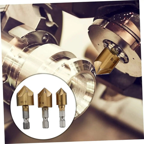 3 Piece Steel Chamfering Cutter Set With Self Centering Bifurcated Tip High Performance Milling Tool For Drilling And Tapping Shank Chamfers Countersink Drill Bit For Precision Machining.
