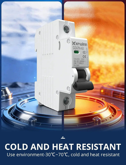 Smart 1 Pole 20 Amp 120V And 240V AC Circuit Breaker For Marine Power Systems And Solar PV Installations DIN Rail Mount With Flame Retardant Shell Large Interface Visualization Window And Easy Quick Safety Shutoff, displayed on a futuristic platform against hot and cold backgrounds.