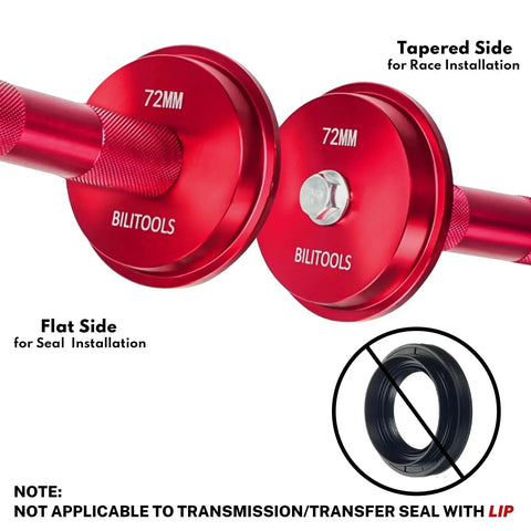 Bearing Press Kit 10 Piece Bearing Race And Seal Driver Set with dual sided 72mm adapter for installation use, displaying flat and tapered sides.