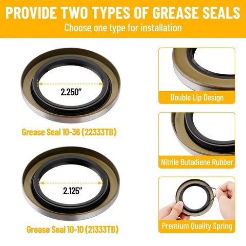 Two types of grease seals for trailer hub bearing kit: 10-36 (2.250") and 10-10 (2.125"), with double lip design and nitrile rubber.