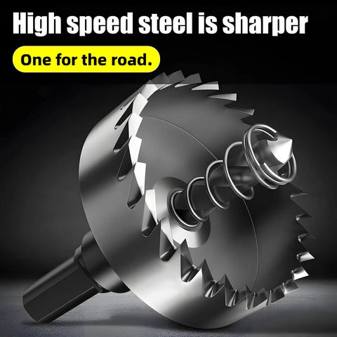 Close-up of Pro Grade High Speed Steel Hole Saw Drill Bit Set, showing sharp teeth and spiral drill, built tough for various materials.
