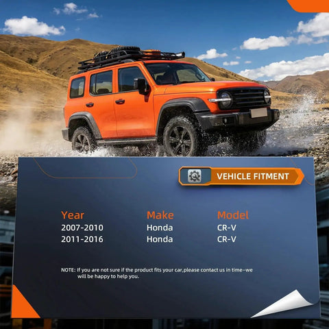 Vehicle fitment chart for Honda CR-V, compatible with 2007 to 2016 models, shown in outdoor setting with orange SUV.
