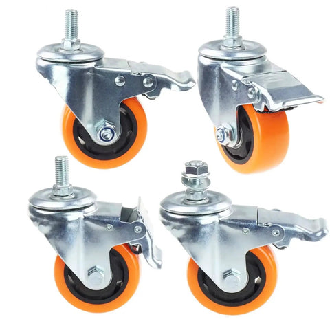 Heavy Duty Swivel Wheels With 3 Inch Yellow PVC Casters And Double Brakes M12 1.75x25mm Metric Stem Set of 4