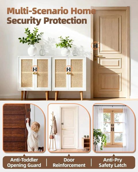 Home security setup with Heavy-Duty Zinc Alloy Barn Door Lock, demonstrating anti-pry safety latch on a wooden door.