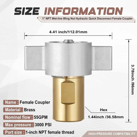 1 Pack 1 Inch NPT Wet Line Wing Nut Hydraulic Quick Disconnect Female Coupler, brass, dimensions and specifications shown