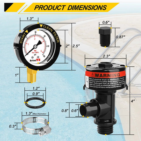 AetralYB manual pool filter air relief valve with waterproof stainless steel pressure gauge; black body, yellow barb.