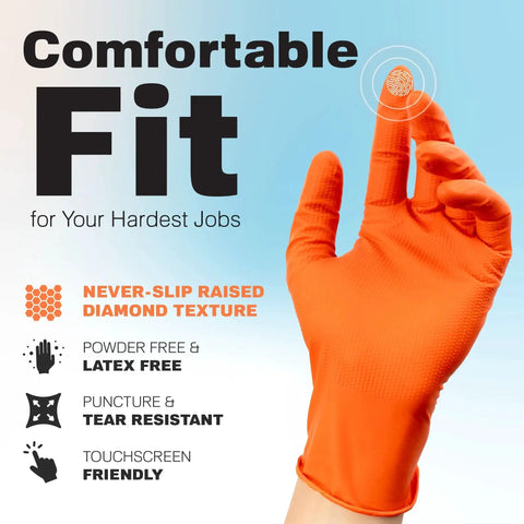 Diamond Texture Nitrile Gloves With Superior Grip And Puncture Resistance, Powder Free Disposable Protection, Orange, Large Size, 8.5 Mil