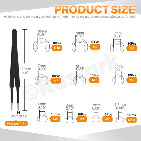 Product size chart for 304 Stainless Steel E Clip And C Clip Retaining Rings Kit With Tweezers, 303 Pcs Assortment, sizes M1.5 to M28