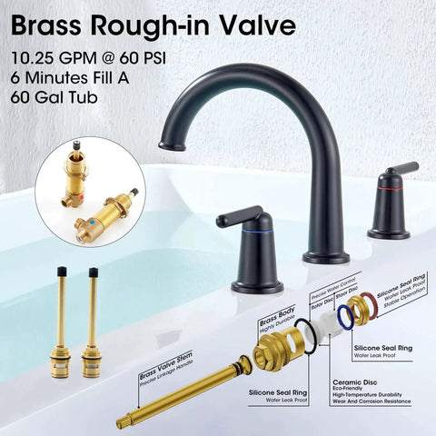 Matte Black Three Hole Widespread Deck Mount Tub Faucet Set With Premium Brass Valve Ceramic Disc Cartridge Backflow Check Valve High Flow Two Handle Roman Arch Bath Filler For Bathtub Modern Design Easy Install displayed on tub edge.