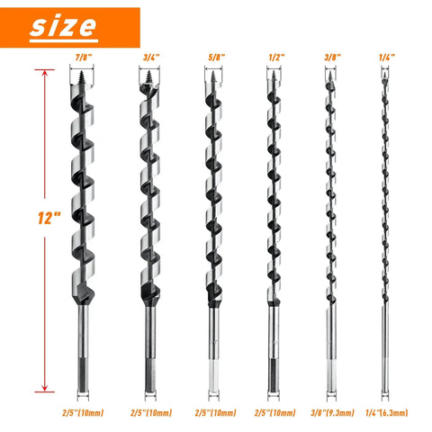 Six Piece Twelve Inch Long Auger Drill Bit Set with Hex Shank From One Quarter to Seven Eighth Inch shown in various sizes