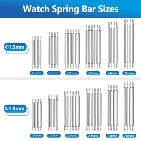 Diagram of watch spring bar sizes 16mm to 26mm for the Must Have All In One Watch Band Repair Kit With Spring Bar Tool And Link Removal Tool 56 Stainless Steel Spring Bars For 16 26mm Bands Includes Handy User Manual Durable Waterproof Build For Replacing Straps And Adjusting Links
