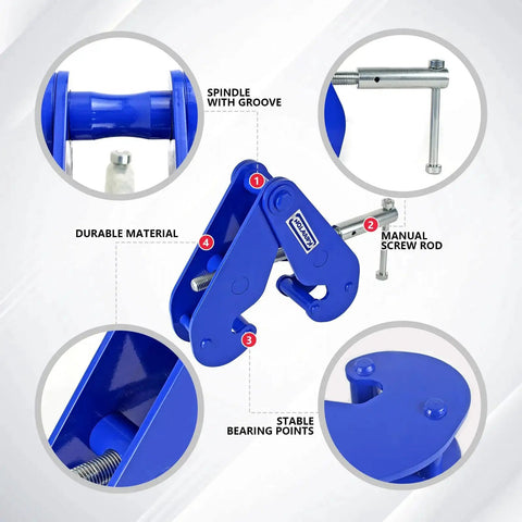 Blue KARRYTON 2-ton beam clamp for I-beam flanges 3–9 in; heavy-duty lifting with hoist