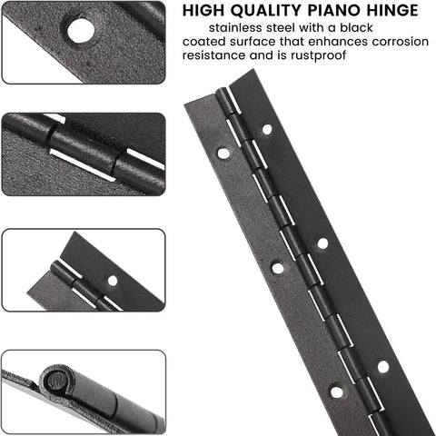 Two Pack 6 Inch Black Heavy Duty Piano Hinges Stainless Steel 2 Inch Open Width with close-up views