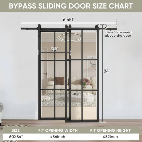 Bypass Double Glass Barn Door Set With 6.6Foot Side Mounted Hardware Kit Two 30x84 Inches Clear Tempered Glass Panels In Aluminum Frame 60x84 Inches Overall Fits Maximum Opening 55 And 3 Eighths Inches No Fuss Assembly Smooth Sliding For Modern Farmhouse size chart and installation guide
