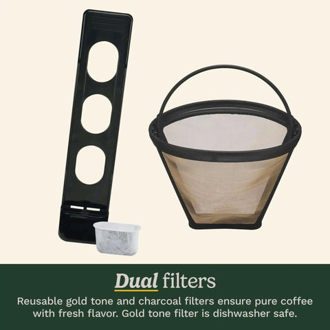 12 Cup Brew Central Coffee Maker filter components including gold tone and charcoal options for fresh coffee flavor