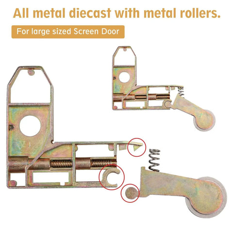 2 Pack Sliding Screen Door Corner Rollers With 1 Inch Outer Diameter Concave Replacement Insert Rollers For 45 Degree Door Frames Heavy Duty All Metal Die Cast Construction To Keep Doors On Track And Improve Longevity; image showing close-up view of metal die-cast roller mechanism with detailed components visible.