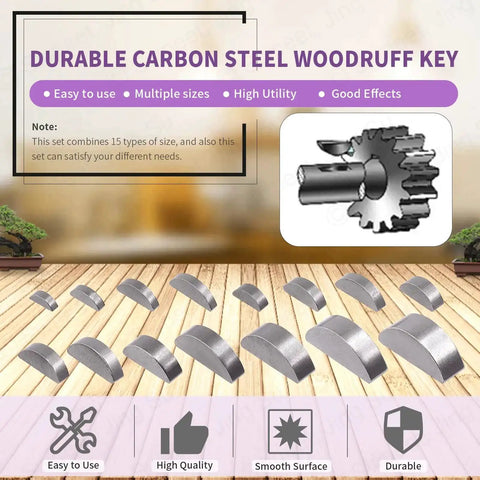 150Pcs Woodruff Keys Set In 15 Sizes 3mm 4mm 5mm 6mm 8mm 10mm Half Moon Semicircle Bond Keys For Fasteners And Mechanical Hardware Metric Assortment Kit For DIYers And Pros displayed on a table with a gear illustration.