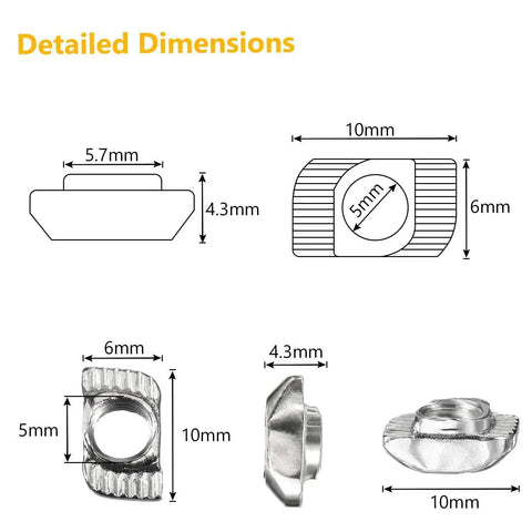 Dimensions and close-up view of 150 Pieces 2020 Series T Slot Nuts Hammer Head Fasteners Plated Carbon Steel Sliding M5 T Nuts.