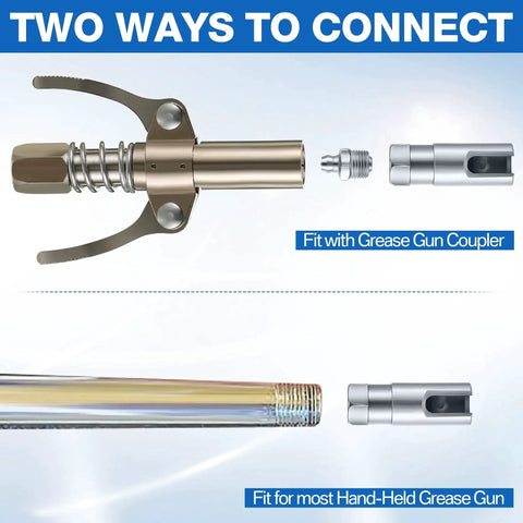Image showing two connection methods for Saillong Push On Slotted Right Angle Grease Coupler with 1/8 inch NPT Threads.