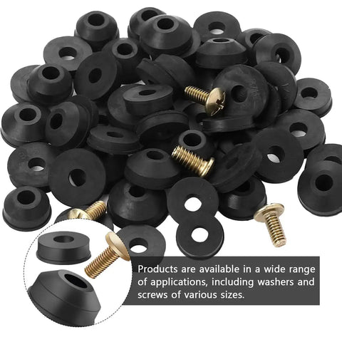 Faucet Washer Repair Kit With 58 Pack Flat And Beveled Rubber Washers And Brass Screws For Quick DIY Leak Fix displayed in a pile