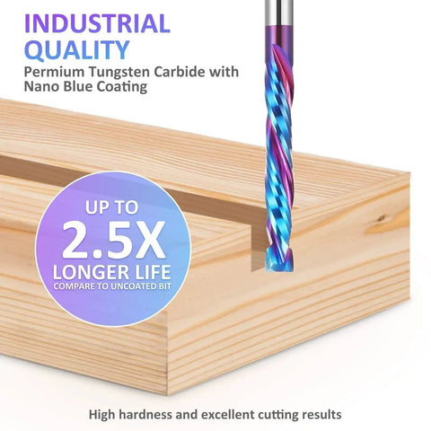 Up and Down Cut Compression Router Bit Set of Five for CNC Milling One Eighth Inch Shank and One Eighth Inch Cutting Diameter Spiral Tungsten Carbide End Mills with Nano Blue Coat for Durable Precise Wood and Plastic Milling shown cutting into wood block.