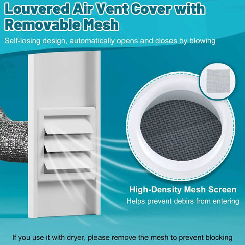 Window Vent Kit for 3 Inch and 4 Inch Ducts, showing louvered air vent cover and removable mesh.