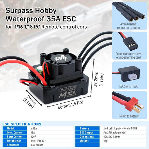 Surpass Hobby waterproof 35A ESC for 1/16 1/18 RC cars, featuring connectors, ESC switch, and T-plug, with dimensions and specs.