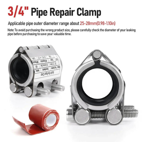 3/4 inch pipe repair clamp with M1 adhesive tape, fits 25-28mm pipes, durable 304 stainless steel, for emergency repairs Kodilin