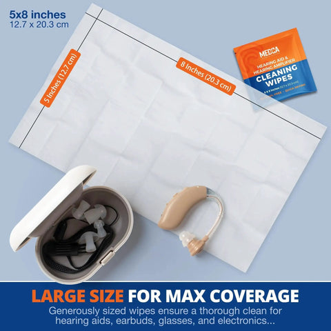 Hearing Aid Cleaning Wipes Alcohol Free Individually Wrapped next to hearing aid and case, displayed on a large wipe.