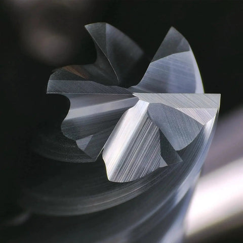 Close-up of Carbide End Mill For Finishing Machining Square Cutter Six Flute Pro Grade Tool for cutting metals.