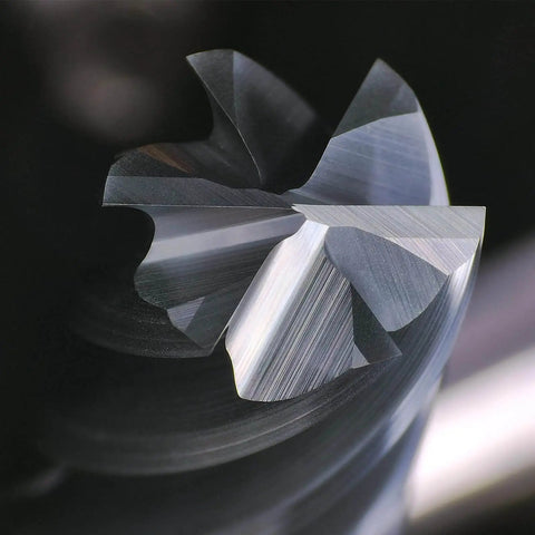 Close-up of Carbide End Mill Six Flute 3/8 Inch Shank For Precision Machining Of Alloy Steel Cast Iron And Hardened Steel Heavy Duty