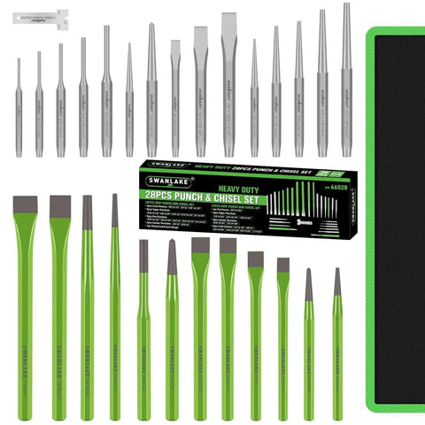 28 Piece Punch And Chisel Set with pin punches, taper punches, cold chisels, and center punches shown with storage pouch and box.