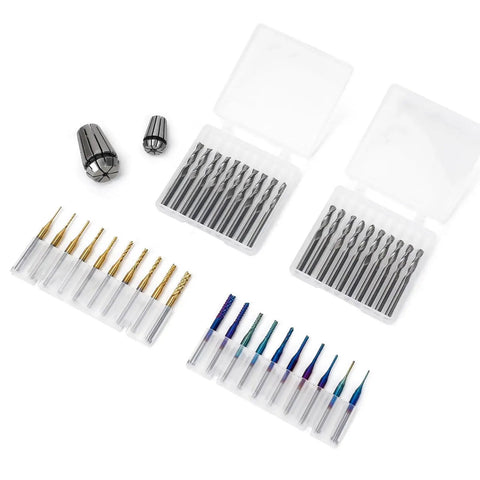 Pro CNC Router Bit Set With ER11 And ER16 Collets Forty Piece One Eighth Inch Shank Two Flute Flat Nose And Ball Nose End Mills