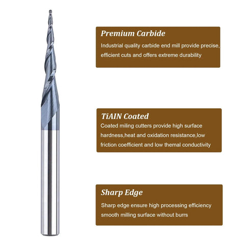 Pro Grade Tapered Ball Nose Spiral Router Bit For CNC Milling And Engraving, 1.0mm Tip Diameter shown with features