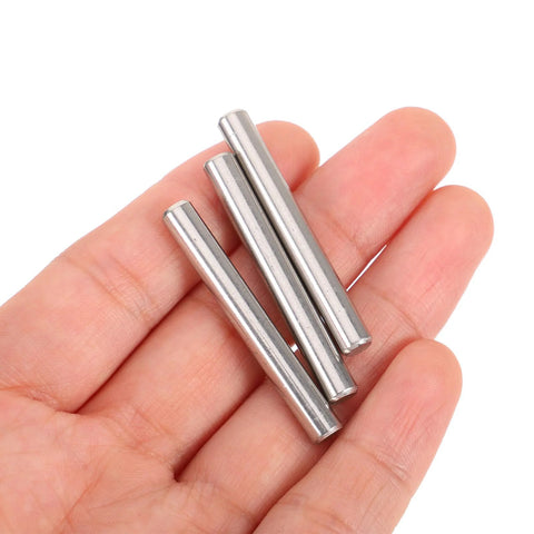 100 Pack Of 304 Stainless Steel Cylindrical Locating Dowel Pins 5x40mm for shelf support seen in hand