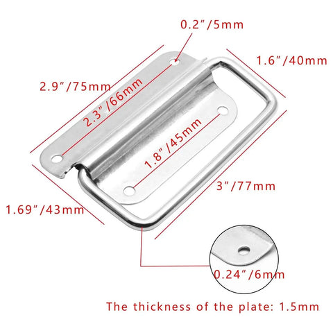 Dimensions of 4 Pack 3 Inch Stainless Steel Chest Pull Handles With Screws Foldable Ring Design For Toolbox And Heavy Duty Surface Mount Cases Silver Finish With Inner Size 2.6 By 1.1 Inches And Outer Size 3 By 1.6 Inches Thick 0.24 Inches.
