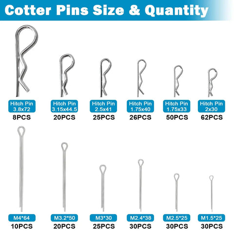383 Piece Heavy Duty Pin Kit For Tractors Trailers Trucks And Lawn Gear Includes Hitch Pins R Clips Hairpins Lynch Pins PTO Pins Clevis Pins Cotter Pins And 3 Point Accessories For Farm Lawn And Garden, displaying various pin sizes and quantities.