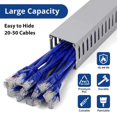 Pro Grade Cable Management Raceway Kit for Server Racks, 95In Total Open Slot PVC Wire Hider with cables inside