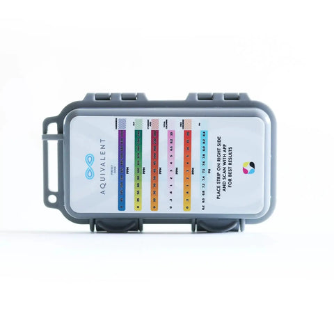 All In One Pool And Spa Water Test Kit With AI Powered App No Fuss Thick Strips in rugged case, front view showing color indicators.