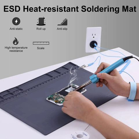 ESD Safe Anti Static Soldering Mat With Wrist Strap And Grounding Wire for electronics repair, silicone, 15.9x12 inches, gray