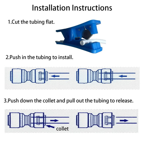 TSnsfCerti NSF 3/8 in water line tubing with push-to-connect fittings; installation guide with cut, insert, release steps.