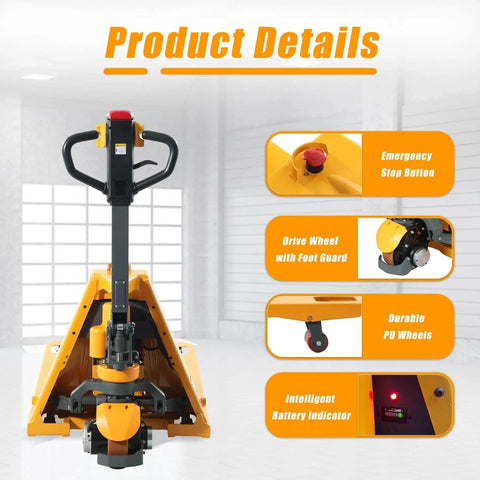 APOLLOLIFT electric pallet jack — front view, yellow chassis with black handle, 48×27 inch forks, lithium battery, Amazon