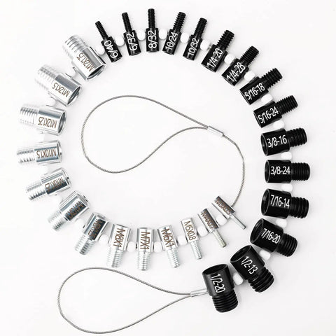 Precision Nut and Bolt Thread Checker Tool with 28 High-Quality Male and Female Gauges for 15 Standard Inch and 13 Metric Sizes, displayed in a series.