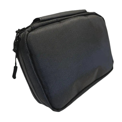 Black carrying case of Grab And Go Travel Medical Kit With 20 Essential Medications For Pain Cold Allergy Stomach And Other Common Ailments, 6x8 Inch