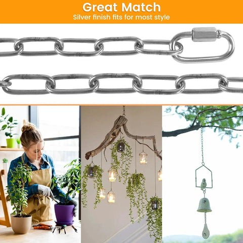Close-up of 6 Feet Lightweight Stainless Steel Chain with Hooks in use for hanging planters, lamps, and decorative items indoors and outdoors.