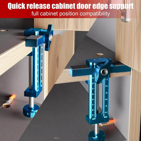 3 in 1 Cabinet Door Mounting Jig With Adjustable Clamp And Quick Hole Opener Aluminum Alloy Positioner in use on cabinet