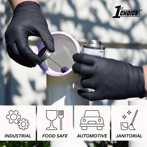 Hands wearing XXL Black Nitrile Gloves 5 Mil Food Grade Latex Free Powder Free Case Of 1000 applying glue to pipe